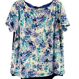 JONES NEW YORK Ladies Scoop Neck Floral Short Sleeve Top Shirt Size L Blue Teal